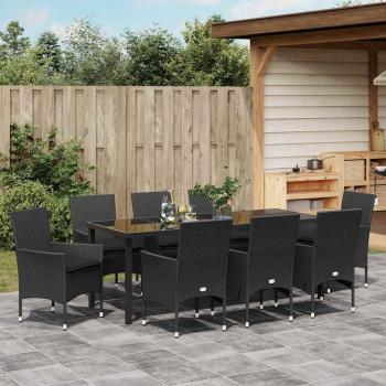 9-teiliges Garten-Essset mit Polstern Schwarzes Poly-Rattan, Gartentisch Schwarz 200x80x73 cm mit gehärtetem Glas