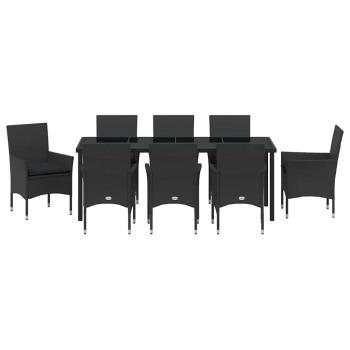 9-teiliges Garten-Essset mit Polstern Schwarzes Poly-Rattan, Gartentisch Schwarz 200x80x73 cm mit gehärtetem Glas