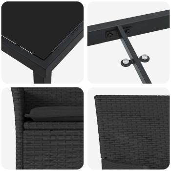 9-teiliges Garten-Essset mit Polstern Schwarzes Poly-Rattan, Gartentisch Schwarz 200x80x73 cm mit gehärtetem Glas