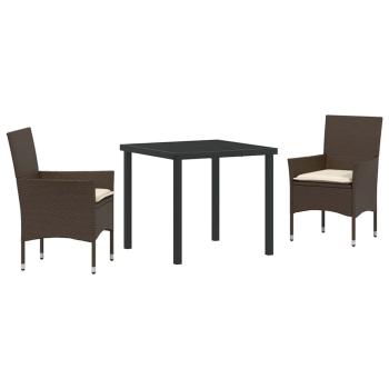 3-teilige Garten Essgruppe mit Kissen Braun Poly Rattan, Gartentisch Schwarz 80x80x73 cm Tempered Glass