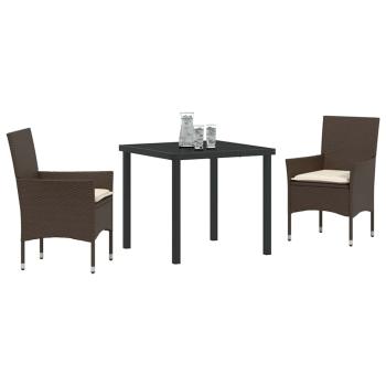 3-teilige Garten Essgruppe mit Kissen Braun Poly Rattan, Gartentisch Schwarz 80x80x73 cm Tempered Glass