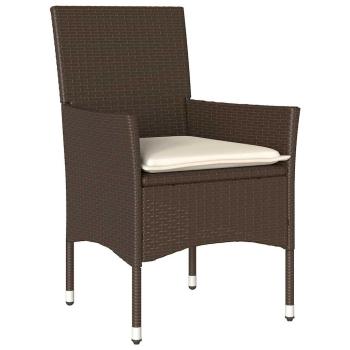3-teilige Garten Essgruppe mit Kissen Braun Poly Rattan, Gartentisch Schwarz 80x80x73 cm Tempered Glass