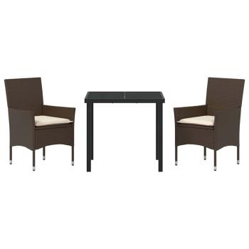 3-teilige Garten Essgruppe mit Kissen Braun Poly Rattan, Gartentisch Schwarz 80x80x73 cm Tempered Glass