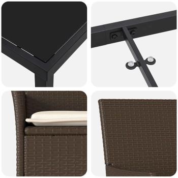 3-teilige Garten Essgruppe mit Kissen Braun Poly Rattan, Gartentisch Schwarz 80x80x73 cm Tempered Glass