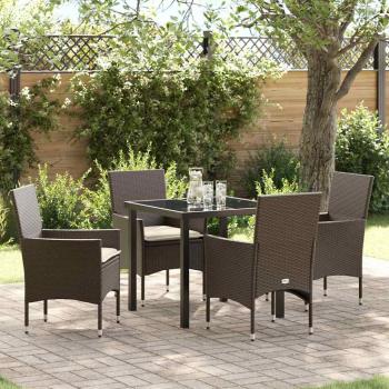 ARDEBO.de - 5-teilige Garten Essgruppe mit Kissen Braunes Poly Rattan, Gartentisch Schwarz 80x80x73 cm Sicherheitsglas