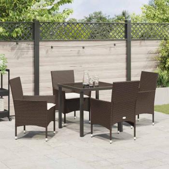 5-teilige Garten Essgruppe mit Kissen Braunes Poly Rattan, Gartentisch Schwarz 80x80x73 cm Sicherheitsglas