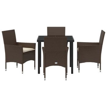 5-teilige Garten Essgruppe mit Kissen Braunes Poly Rattan, Gartentisch Schwarz 80x80x73 cm Sicherheitsglas