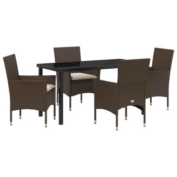 5-teiliges Garten Esstisch Set mit Kissen Braunes Poly-Rattan, Gartentisch Schwarz 140x80x73 cm Einscheibensicherheitsglas