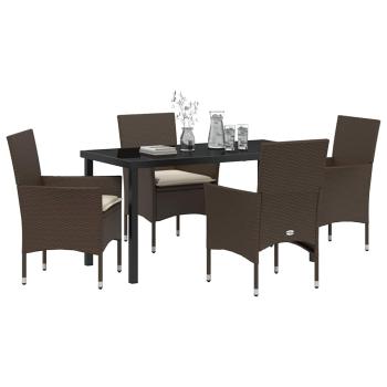 5-teiliges Garten Esstisch Set mit Kissen Braunes Poly-Rattan, Gartentisch Schwarz 140x80x73 cm Einscheibensicherheitsglas