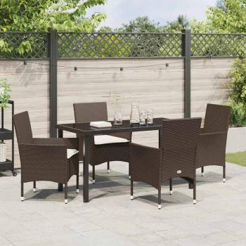 5-teiliges Garten Esstisch Set mit Kissen Braunes Poly-Rattan, Gartentisch Schwarz 140x80x73 cm Einscheibensicherheitsglas