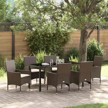 ARDEBO.de - 7-teilige Garten Essgruppe mit Kissen in braunem Poly-Rattan, Gartentisch in Schwarz 160x80x73 cm mit Temperglas