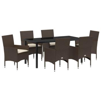 7-teilige Garten Essgruppe mit Kissen in braunem Poly-Rattan, Gartentisch in Schwarz 160x80x73 cm mit Temperglas