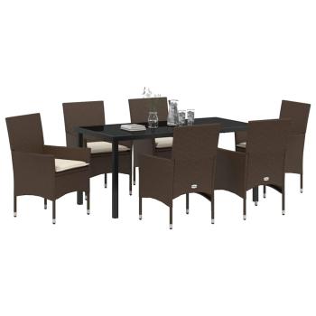 7-teilige Garten Essgruppe mit Kissen in braunem Poly-Rattan, Gartentisch in Schwarz 160x80x73 cm mit Temperglas
