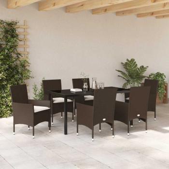 7-teilige Garten Essgruppe mit Kissen in braunem Poly-Rattan, Gartentisch in Schwarz 160x80x73 cm mit Temperglas