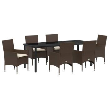 7-teiliges Garten-Esszimmer Set mit Kissen aus braunem Poly-Rattan, Gartentisch Schwarz 200x80x73 cm mit Sicherheitsglas