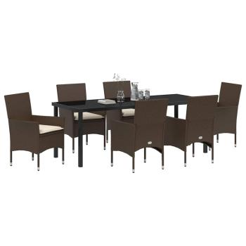 7-teiliges Garten-Esszimmer Set mit Kissen aus braunem Poly-Rattan, Gartentisch Schwarz 200x80x73 cm mit Sicherheitsglas
