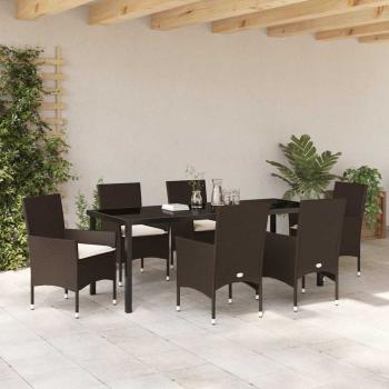 7-teiliges Garten-Esszimmer Set mit Kissen aus braunem Poly-Rattan, Gartentisch Schwarz 200x80x73 cm mit Sicherheitsglas