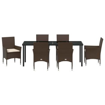 7-teiliges Garten-Esszimmer Set mit Kissen aus braunem Poly-Rattan, Gartentisch Schwarz 200x80x73 cm mit Sicherheitsglas