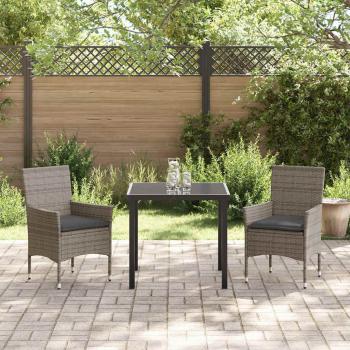 3-teilige Garten Essgruppe mit Kissen Graues Poly-Rattan, Gartentisch Schwarz 80x80x73 cm Tempered Glass