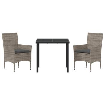 3-teilige Garten Essgruppe mit Kissen Graues Poly-Rattan, Gartentisch Schwarz 80x80x73 cm Tempered Glass