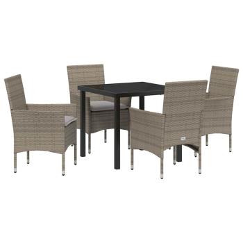 5-teiliges Garten-Essset mit Kissen Grau Poly Rattan, Gartentisch Schwarz 80x80x73 cm Tempered Glass