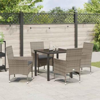 5-teiliges Garten-Essset mit Kissen Grau Poly Rattan, Gartentisch Schwarz 80x80x73 cm Tempered Glass