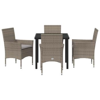 5-teiliges Garten-Essset mit Kissen Grau Poly Rattan, Gartentisch Schwarz 80x80x73 cm Tempered Glass