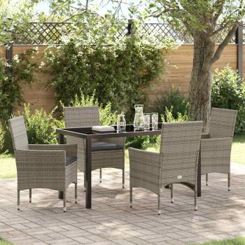 ARDEBO.de - 5-teiliges Garten-Esszimmer-Set mit Kissen aus grauem Poly-Rattan, Gartentisch Schwarz 140x80x73 cm mit Sicherheitsglas