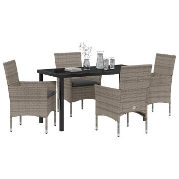 5-teiliges Garten-Esszimmer-Set mit Kissen aus grauem Poly-Rattan, Gartentisch Schwarz 140x80x73 cm mit Sicherheitsglas