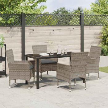 5-teiliges Garten-Esszimmer-Set mit Kissen aus grauem Poly-Rattan, Gartentisch Schwarz 140x80x73 cm mit Sicherheitsglas