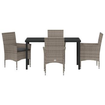5-teiliges Garten-Esszimmer-Set mit Kissen aus grauem Poly-Rattan, Gartentisch Schwarz 140x80x73 cm mit Sicherheitsglas