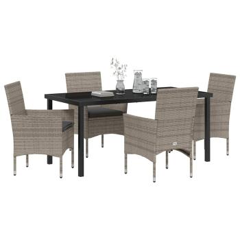 5-teilige Garten Essgruppe mit Kissen Graues Poly-Rattan, Gartentisch Schwarz 160x80x73 cm Sicherheitsglas