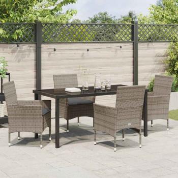 5-teilige Garten Essgruppe mit Kissen Graues Poly-Rattan, Gartentisch Schwarz 160x80x73 cm Sicherheitsglas