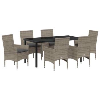 7-teiliges Garten-Essen-Set mit Kissen Grau Poly-Rattan, Gartentisch Schwarz 160x80x73 cm Sicherheitsglas