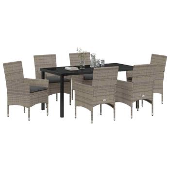 7-teiliges Garten-Essen-Set mit Kissen Grau Poly-Rattan, Gartentisch Schwarz 160x80x73 cm Sicherheitsglas