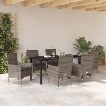 7-teiliges Garten-Essen-Set mit Kissen Grau Poly-Rattan, Gartentisch Schwarz 160x80x73 cm Sicherheitsglas