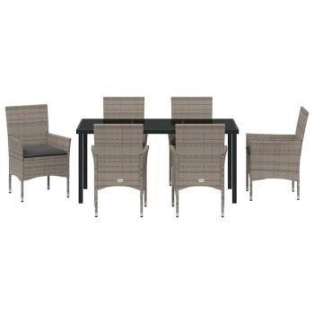 7-teiliges Garten-Essen-Set mit Kissen Grau Poly-Rattan, Gartentisch Schwarz 160x80x73 cm Sicherheitsglas