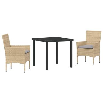 3-Teiliges Garten Essset mit Kissen Beige Poly-Rattan, Gartentisch Schwarz 80x80x73 cm Sicherheitsglas