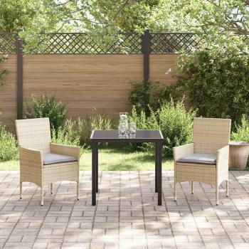 3-Teiliges Garten Essset mit Kissen Beige Poly-Rattan, Gartentisch Schwarz 80x80x73 cm Sicherheitsglas