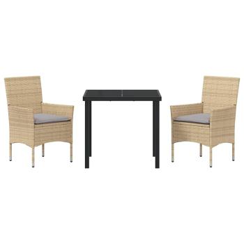 3-Teiliges Garten Essset mit Kissen Beige Poly-Rattan, Gartentisch Schwarz 80x80x73 cm Sicherheitsglas