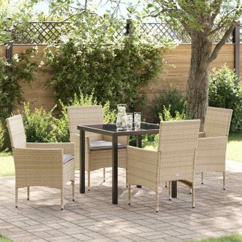 ARDEBO.de - 5-teilige Garten Essgruppe mit Kissen Beige Poly Rattan, Gartentisch Schwarz 80x80x73 cm Tempered Glass