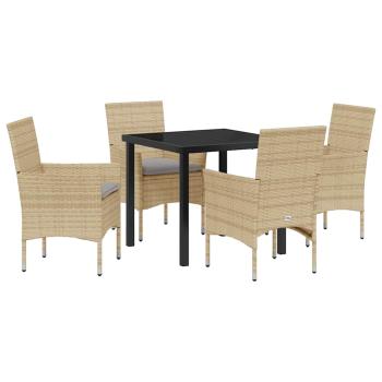 5-teilige Garten Essgruppe mit Kissen Beige Poly Rattan, Gartentisch Schwarz 80x80x73 cm Tempered Glass