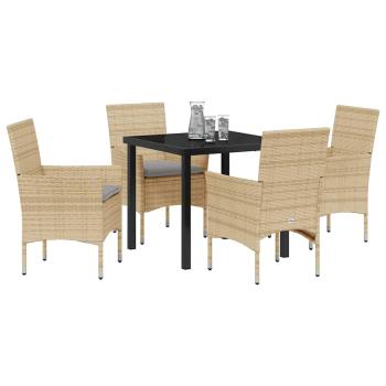 5-teilige Garten Essgruppe mit Kissen Beige Poly Rattan, Gartentisch Schwarz 80x80x73 cm Tempered Glass
