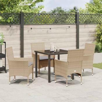 5-teilige Garten Essgruppe mit Kissen Beige Poly Rattan, Gartentisch Schwarz 80x80x73 cm Tempered Glass