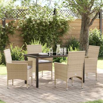 ARDEBO.de - 5-teiliges Garten-Essset mit Kissen Beige Poly Rattan, Gartentisch Schwarz 140x80x73 cm Sicherheitsglas