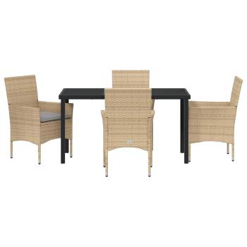 5-teiliges Garten-Essset mit Kissen Beige Poly Rattan, Gartentisch Schwarz 140x80x73 cm Sicherheitsglas