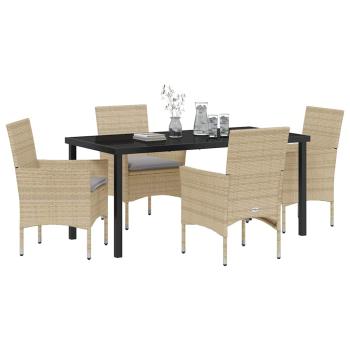 5-teiliges Garten-Essgruppe mit Kissen Beige Poly Rattan, Gartentisch Schwarz 160x80x73 cm Gehärtetes Glas