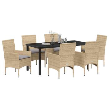 7-teiliges Garten Essgruppe mit Kissen Beige Poly Rattan, Gartentisch Schwarz 160x80x73 cm Tempered Glass