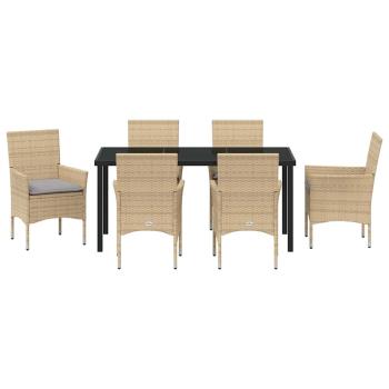 7-teiliges Garten Essgruppe mit Kissen Beige Poly Rattan, Gartentisch Schwarz 160x80x73 cm Tempered Glass