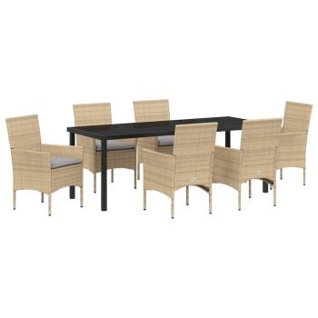 ARDEBO.de - 7-teiliges Garten Essensemble mit Kissen Beige Poly-Rattan, Gartentisch Schwarz 200x80x73 cm Sicherheitsglas